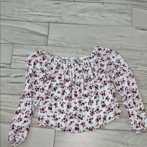 over the shoulder white and red floral top